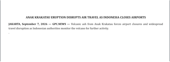 ANAK KRAKATAU ERUPTION DISRUPTS AIR TRAVEL AS INDONESIA CLOSES AIRPORTS  JAKARTA, September 7, 2026 — GPC.NEWS — Volcanic ash from Anak Krakatau forces airport closures and widespread travel disruption as Indonesian authorities monitor the volcano for further activity. .
